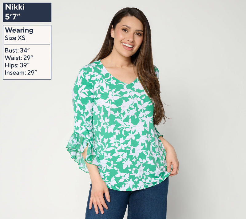 Susan Graver Printed Liquid Knit Top with Chiffon Ruffle Sleeve — View 13