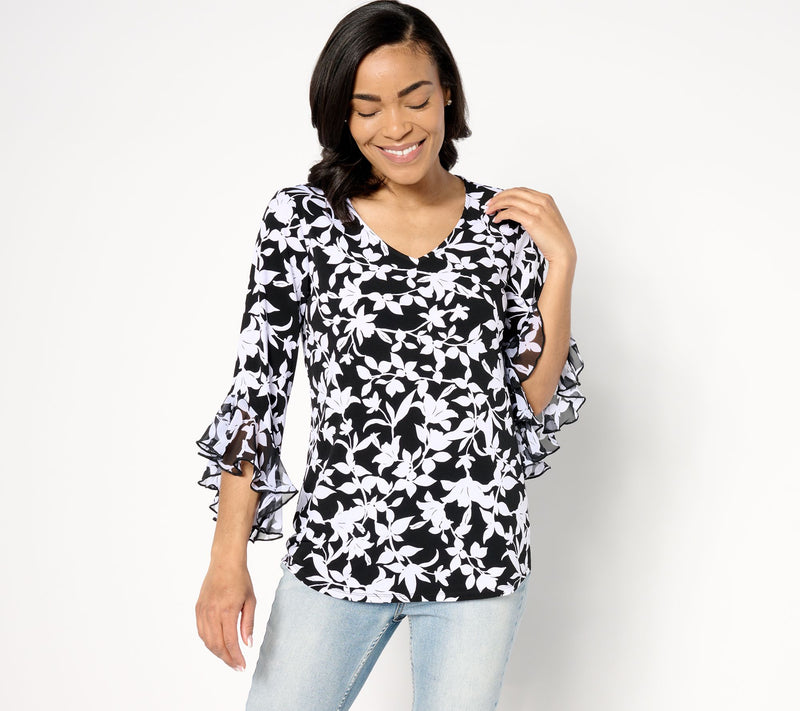 Susan Graver Printed Liquid Knit Top with Chiffon Ruffle Sleeve — View 9