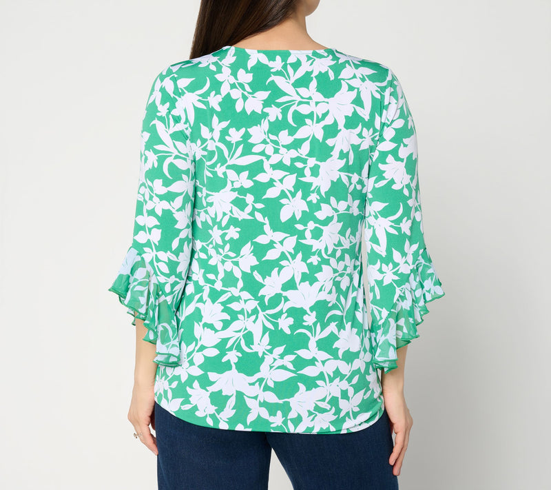 Susan Graver Printed Liquid Knit Top with Chiffon Ruffle Sleeve — View 14