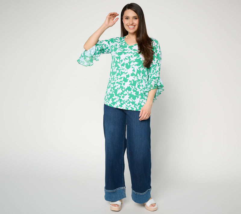 Susan Graver Printed Liquid Knit Top with Chiffon Ruffle Sleeve — View 15
