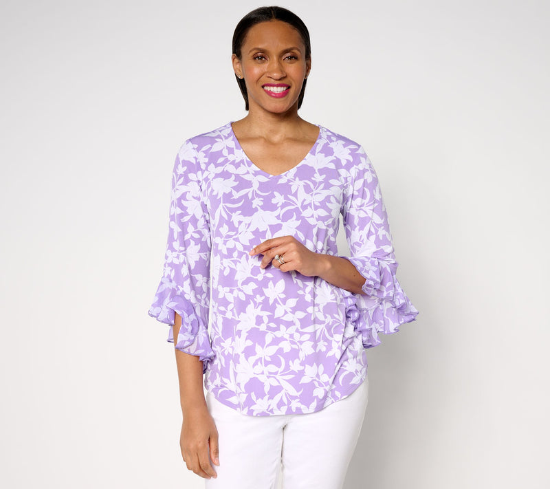Susan Graver Printed Liquid Knit Top with Chiffon Ruffle Sleeve — View 11