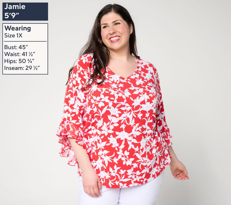 Susan Graver Printed Liquid Knit Top with Chiffon Ruffle Sleeve — View 12