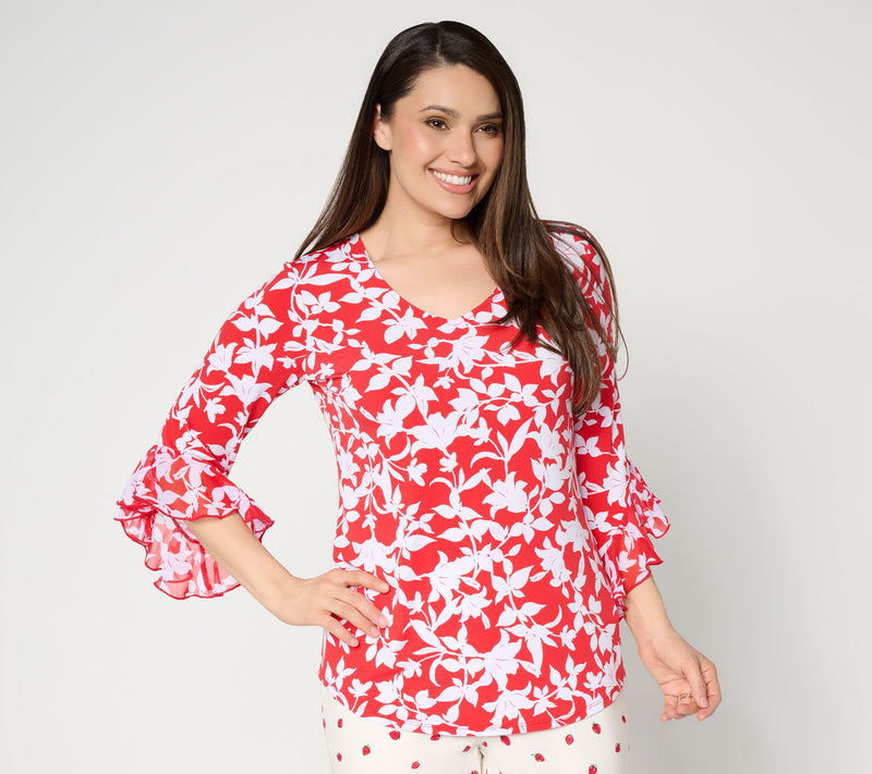 Susan Graver Printed Liquid Knit Top with Chiffon Ruffle Sleeve — View 19