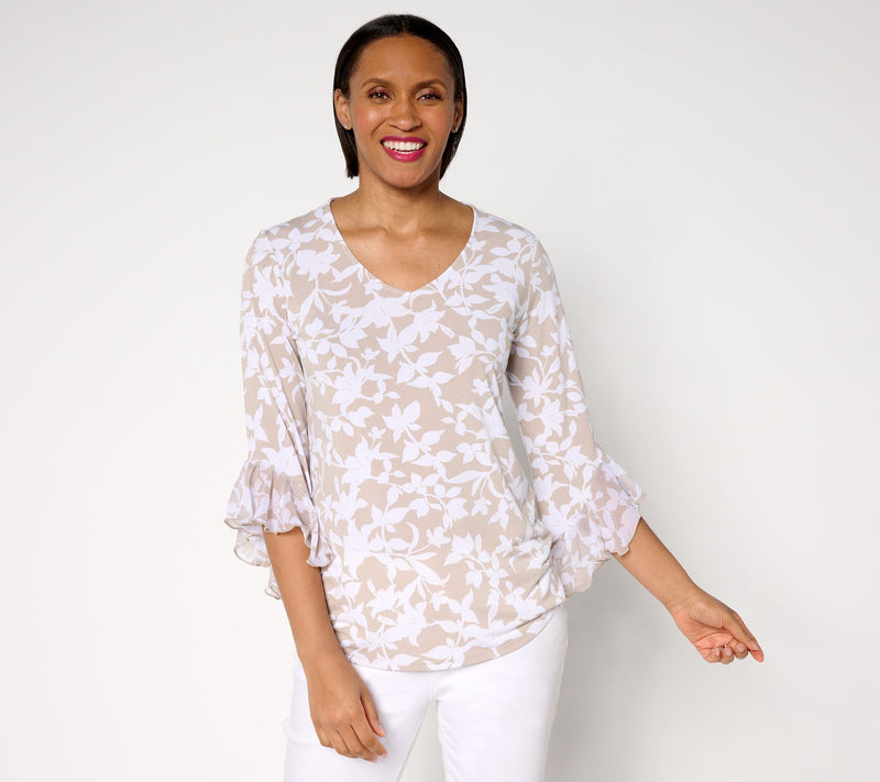 Susan Graver Printed Liquid Knit Top with Chiffon Ruffle Sleeve — View 3