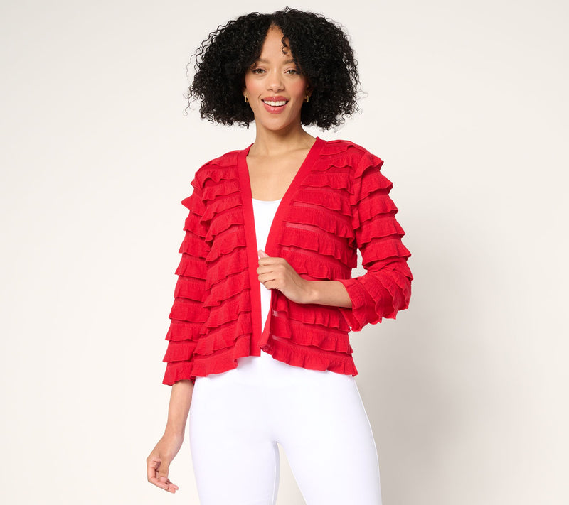 Susan Graver Tiered Ruffle Knit 3/4 Sleeve Shrug — Main view