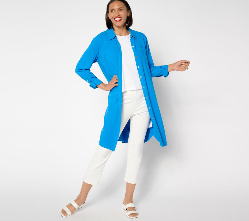 Susan Graver PURE Regular Linen Blend Button Front Duster — View 3