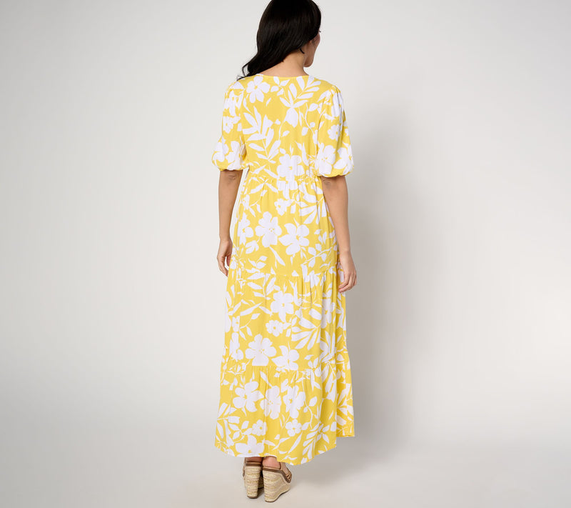 Susan Graver Passport Petite Printed Woven Elbow Sleeve Maxi Dress — View 10