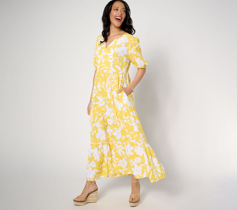 Susan Graver Passport Petite Printed Woven Elbow Sleeve Maxi Dress — View 7
