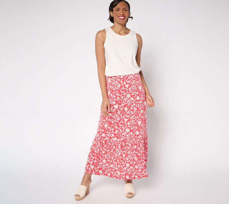 Susan Graver Petite Printed Liquid Knit Tiered Maxi Skirt — View 9