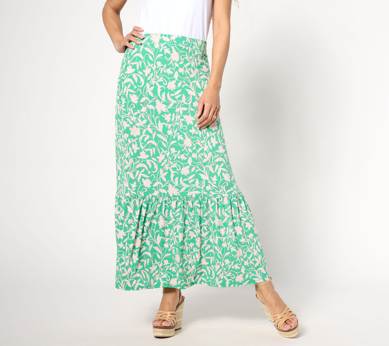 Susan Graver Petite Printed Liquid Knit Tiered Maxi Skirt — View 16