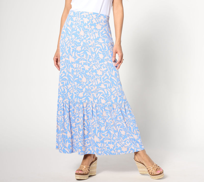 Susan Graver Petite Printed Liquid Knit Tiered Maxi Skirt — View 18