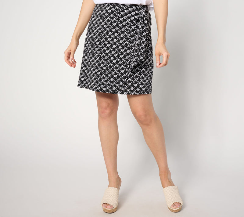 Susan Graver Printed Liquid Knit Faux Wrap Skort with Tie Detail — View 9