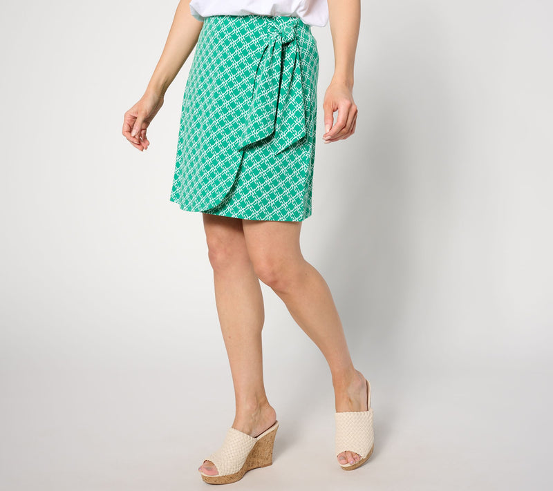 Susan Graver Printed Liquid Knit Faux Wrap Skort with Tie Detail — View 10