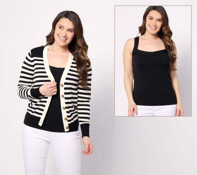 AnyBody Striped Cardigan & Solid Tank Sweater Set — View 10