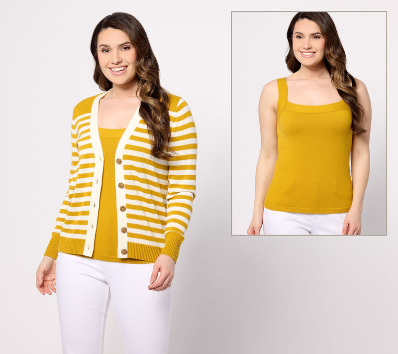 AnyBody Striped Cardigan & Solid Tank Sweater Set — View 11