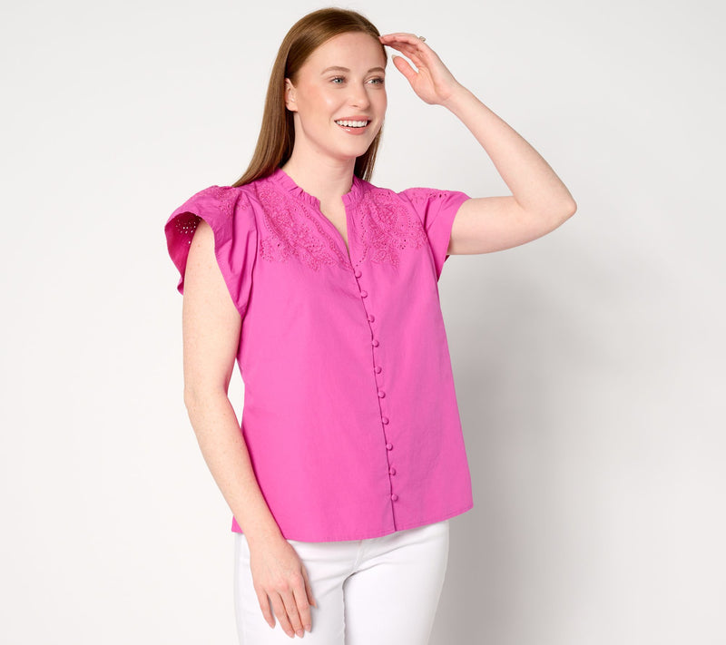 Isaac Mizrahi Live! Split Neckline Embroidered Blouse — Main view