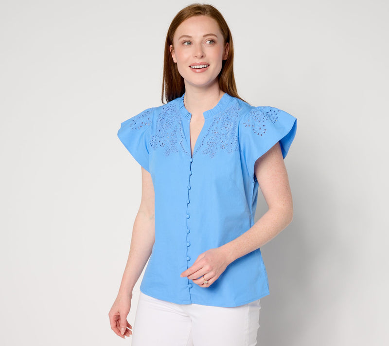 Isaac Mizrahi Live! Split Neckline Embroidered Blouse — View 5