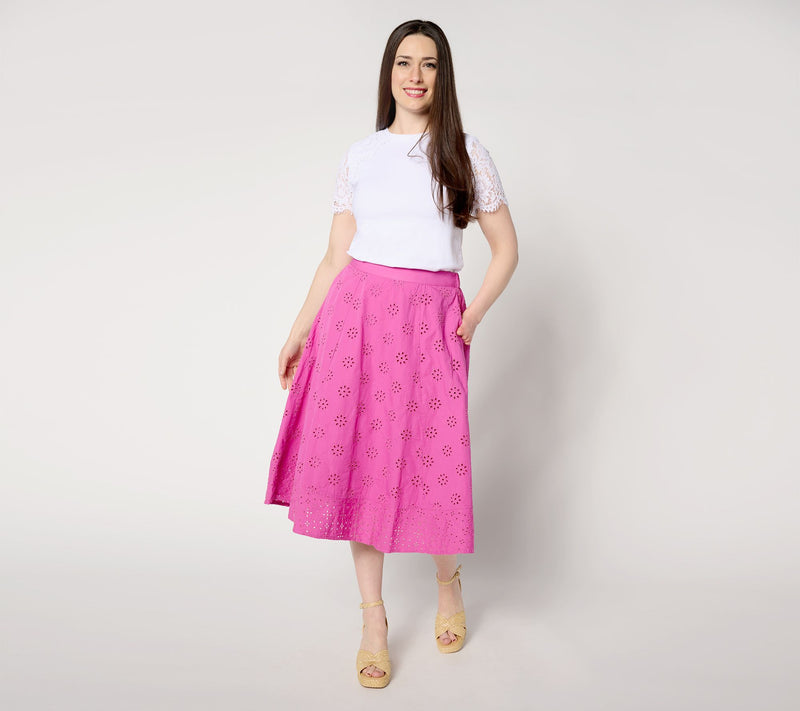 Isaac Mizrahi Live! Regular Embroidered Cotton Eyelet Midi Skirt — View 9