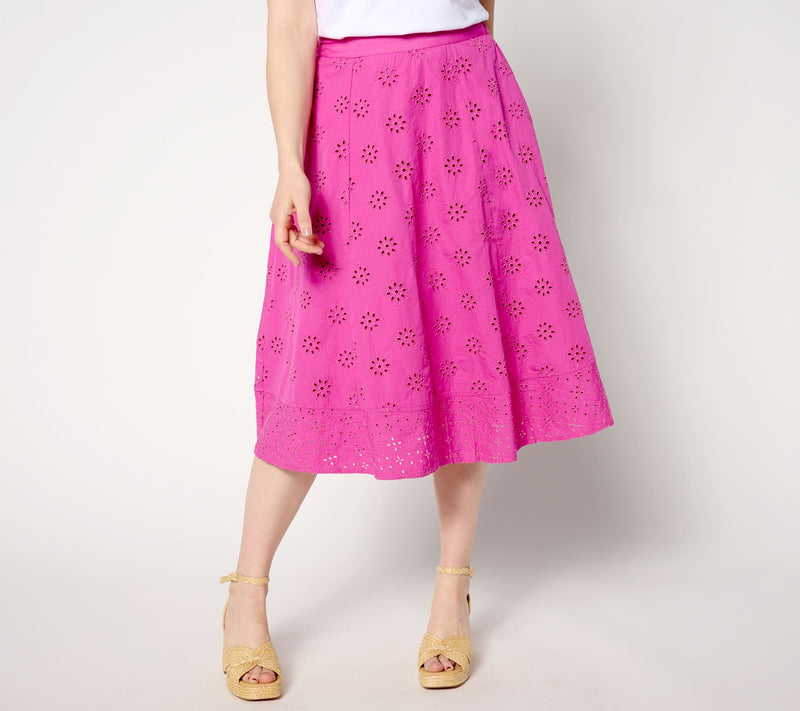 Isaac Mizrahi Live! Tall Embroidered Cotton Eyelet Midi Skirt — View 3