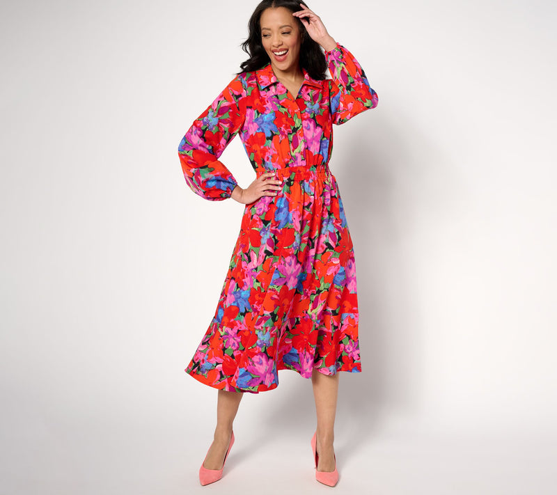 Isaac Mizrahi Live! Petite Printed Stretch Crepe Midi Dress — View 9