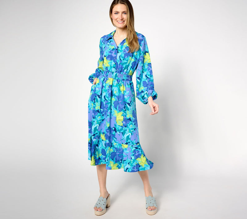 Isaac Mizrahi Live! Petite Printed Stretch Crepe Midi Dress — View 3