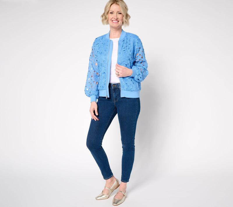 Isaac Mizrahi Live! Zip Front Lace Bomber Jacket with Pockets — View 5