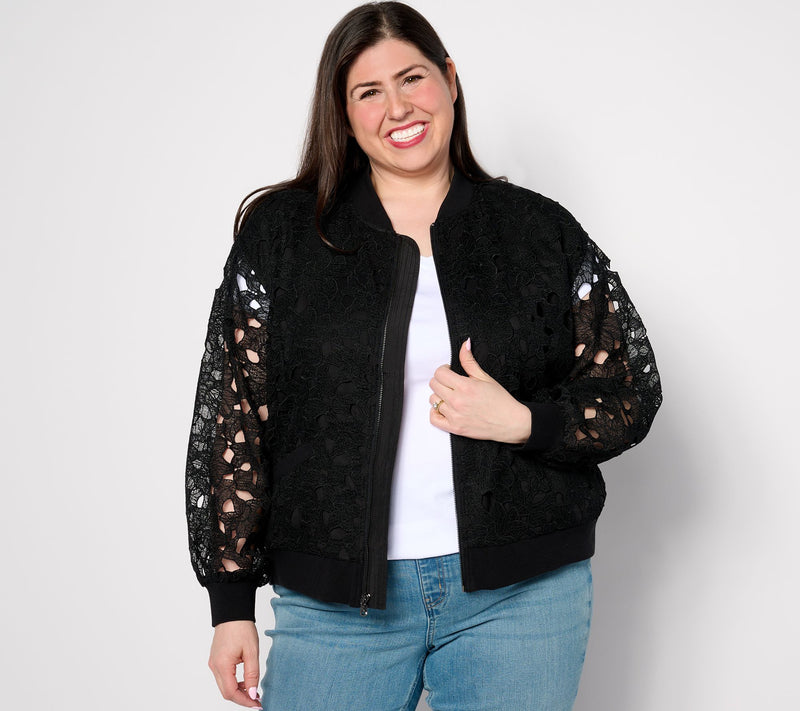 Isaac Mizrahi Live! Zip Front Lace Bomber Jacket with Pockets — View 11