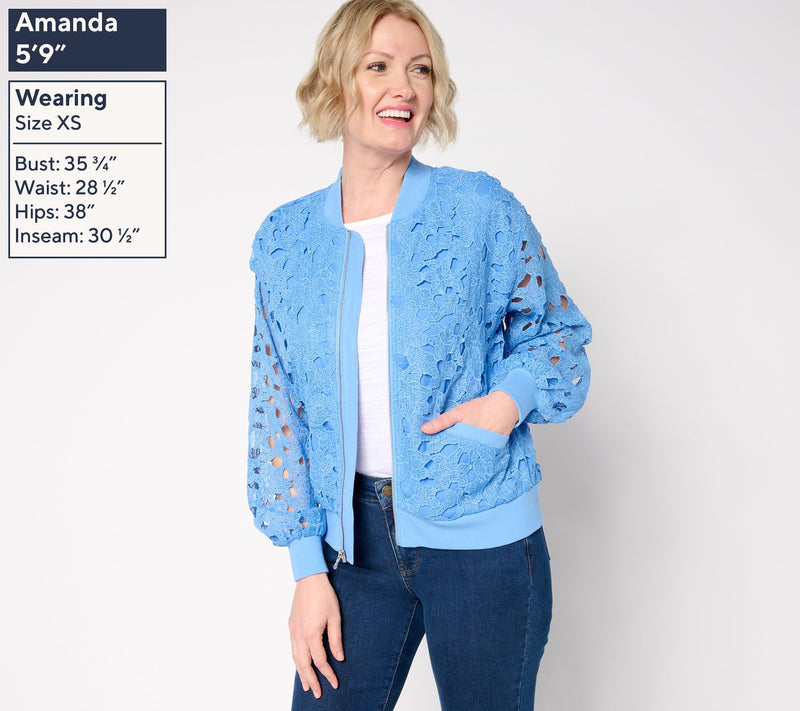 Isaac Mizrahi Live! Zip Front Lace Bomber Jacket with Pockets — View 3