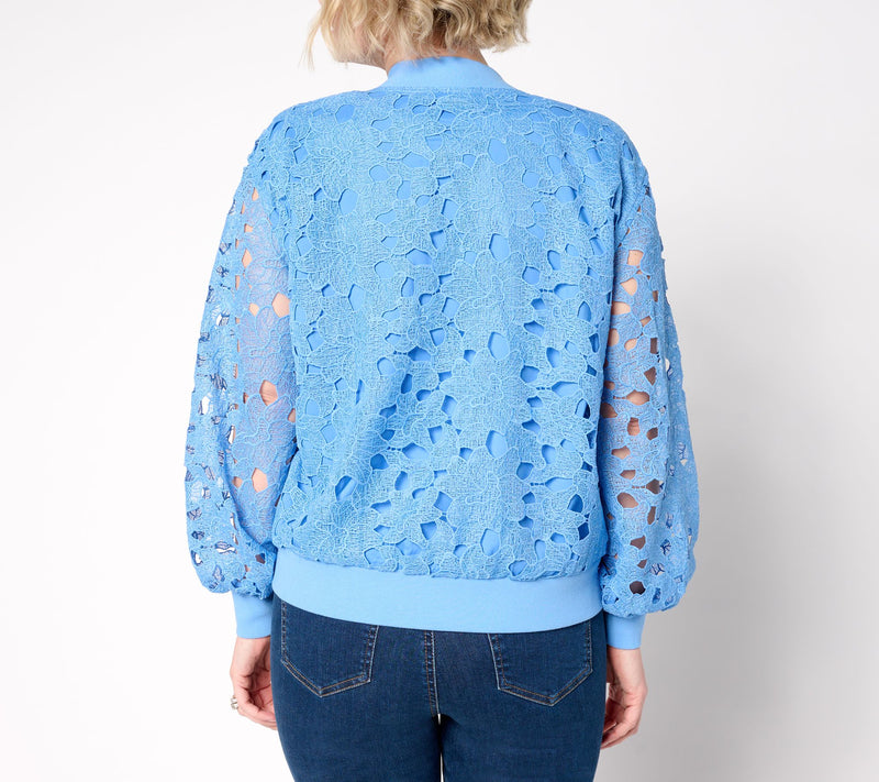 Isaac Mizrahi Live! Zip Front Lace Bomber Jacket with Pockets — View 4