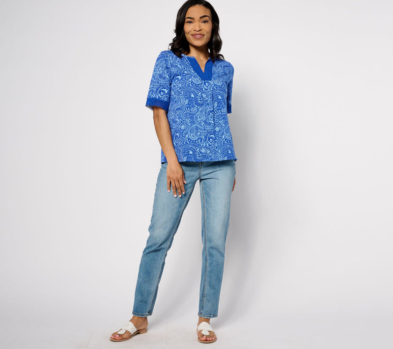 Isaac Mizrahi Live! Printed Elbow Sleeve Top with Split Neck — View 3