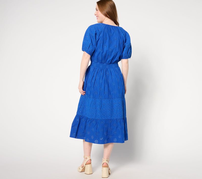 Isaac Mizrahi Live! Petite Cotton Eyelet Tiered Midi Dress — View 8