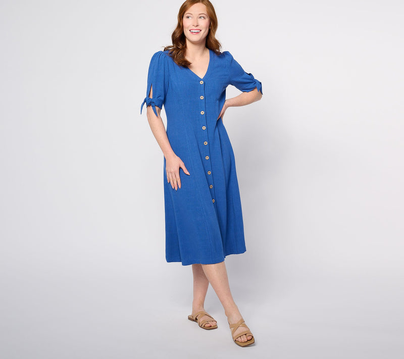Susan Graver PURE Petite Linen Blend Tie Sleeve Midi Dress — View 7