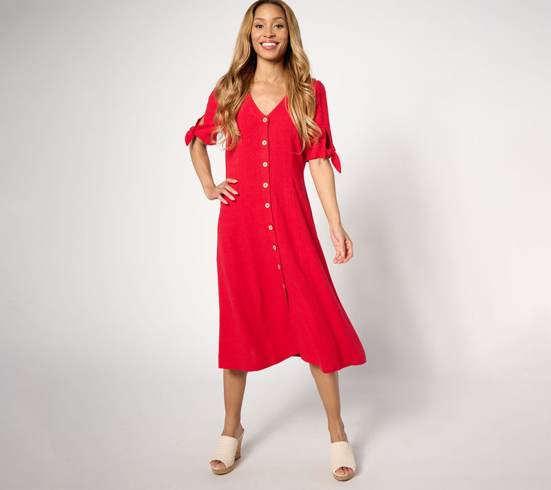 Susan Graver PURE Petite Linen Blend Tie Sleeve Midi Dress — View 5