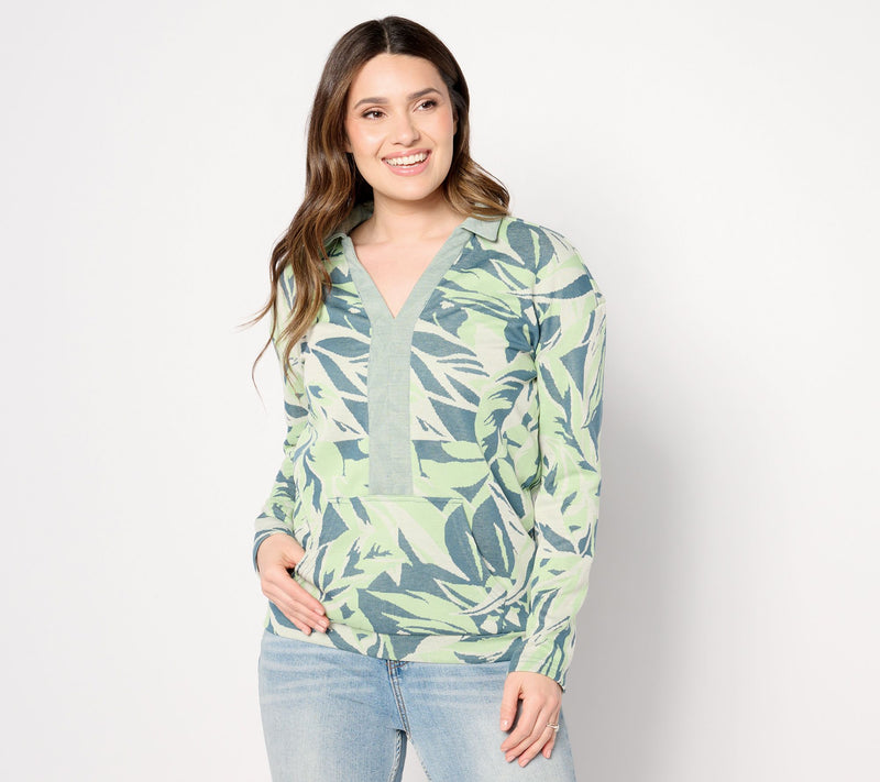 zuda Palm Jacquard Knit Collared Top — View 10