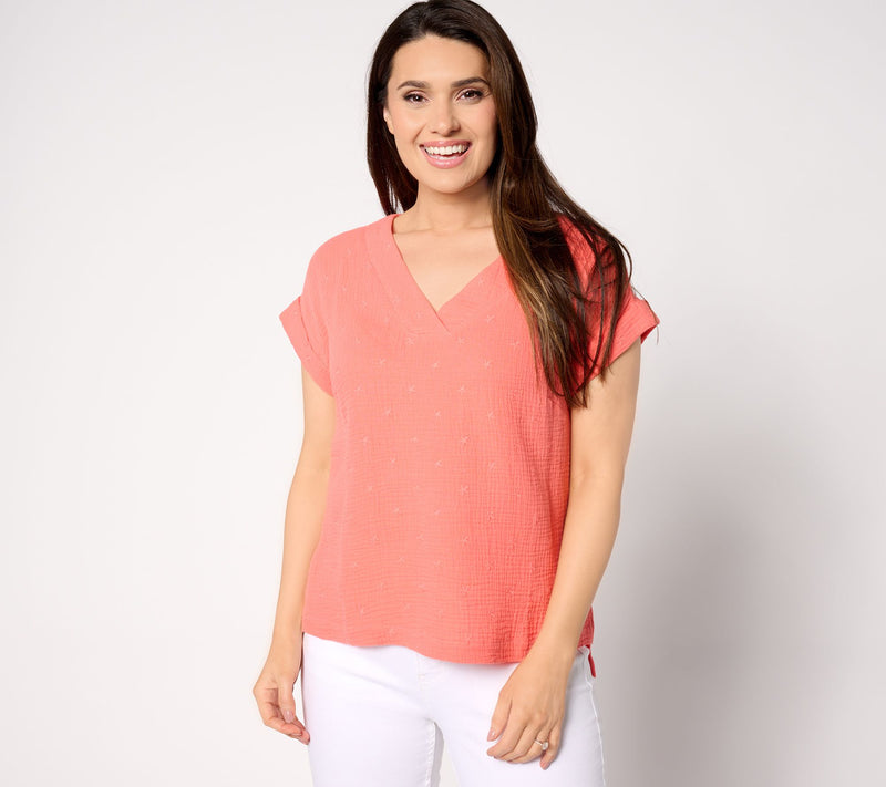 Belle Beach by Kim Gravel Star Spangled Cotton Gauze V-Neck Top — View 9