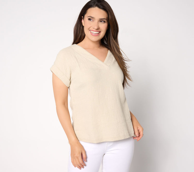 Belle Beach by Kim Gravel Star Spangled Cotton Gauze V-Neck Top — View 7