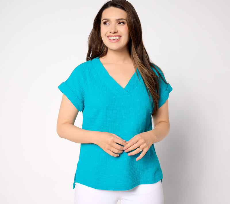 Belle Beach by Kim Gravel Star Spangled Cotton Gauze V-Neck Top — View 13