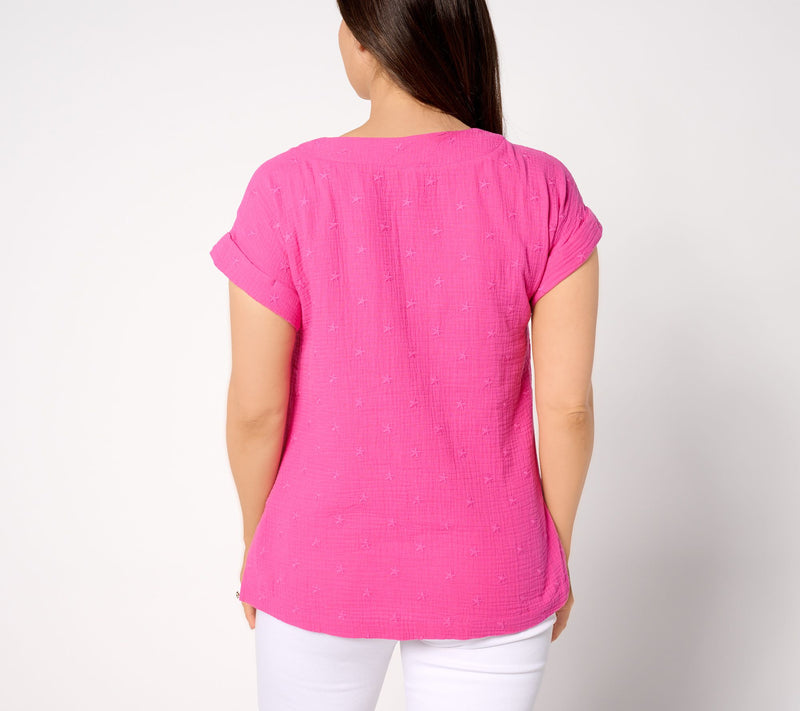 Belle Beach by Kim Gravel Star Spangled Cotton Gauze V-Neck Top — View 14