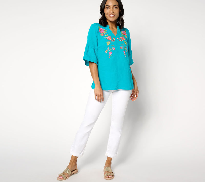 Belle Beach by Kim Gravel Cotton Gauze Boho Blooms Embroidered Top — View 3