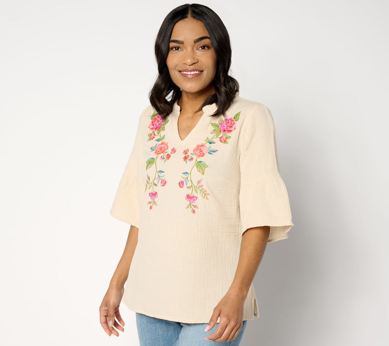 Belle Beach by Kim Gravel Cotton Gauze Boho Blooms Embroidered Top — View 11