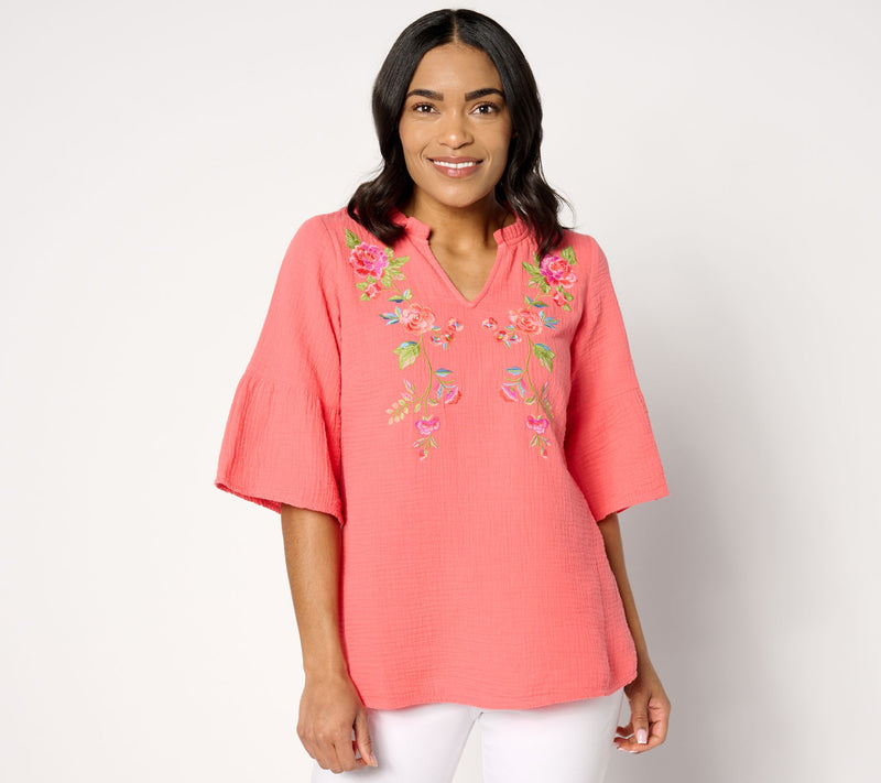 Belle Beach by Kim Gravel Cotton Gauze Boho Blooms Embroidered Top — View 12