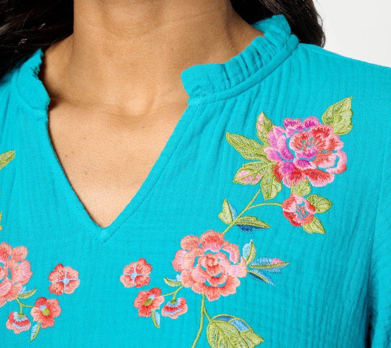 Belle Beach by Kim Gravel Cotton Gauze Boho Blooms Embroidered Top — View 4