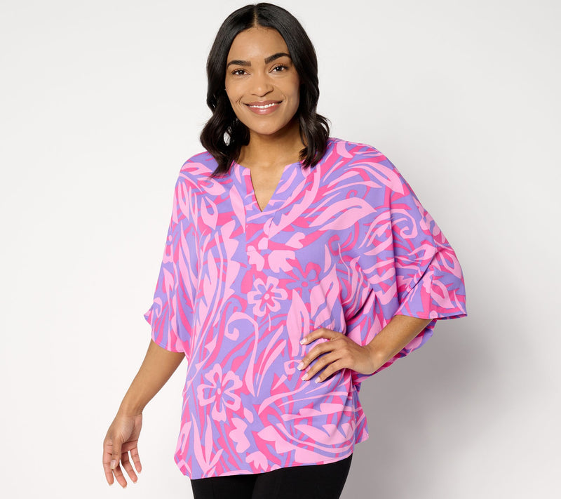 Belle by Kim Gravel Flirty Floral Split Neck Poncho — View 10
