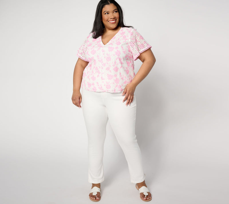 Isaac Mizrahi Live! Printed Eyelet Top with Ruffle Sleeves — View 9