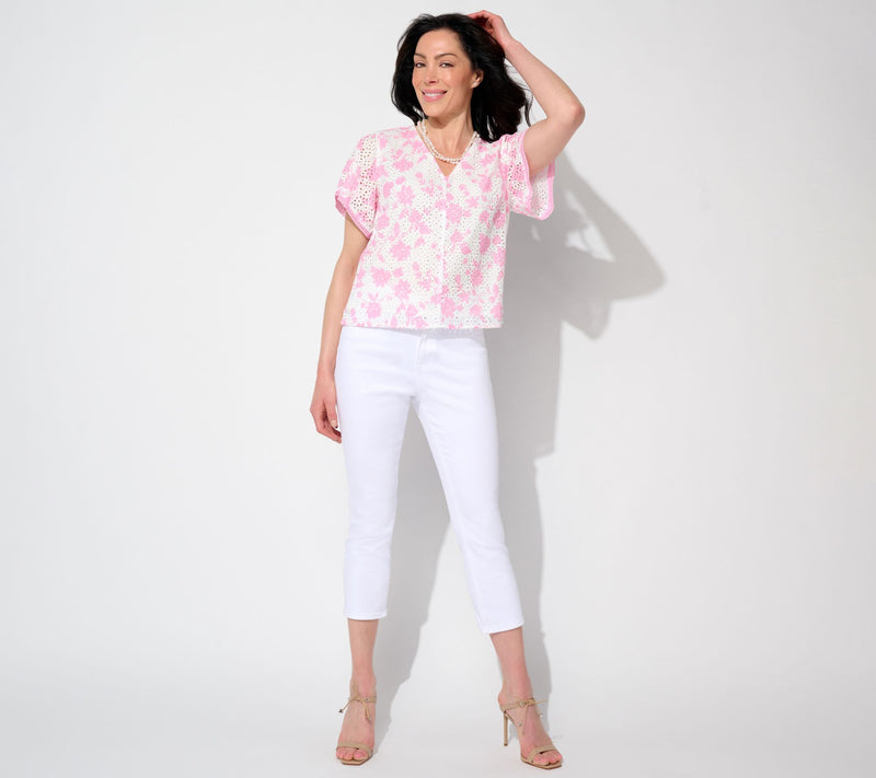 Isaac Mizrahi Live! Printed Eyelet Top with Ruffle Sleeves — View 11