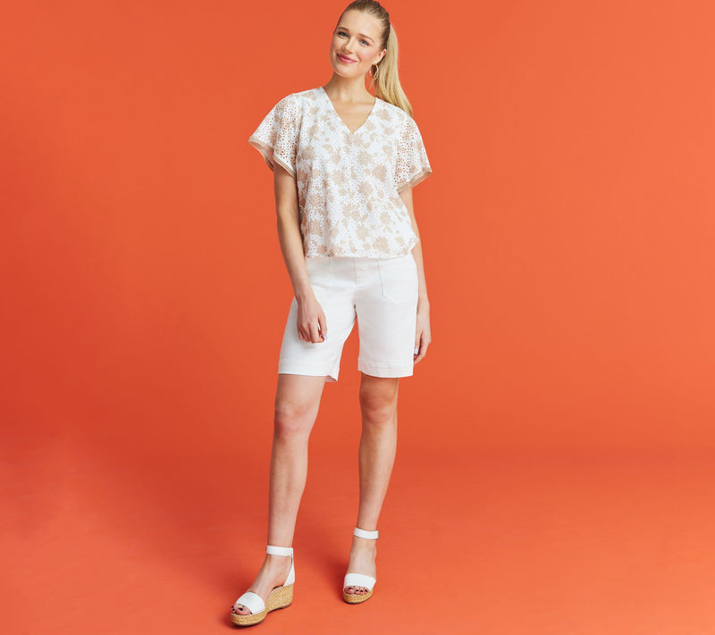 Isaac Mizrahi Live! Printed Eyelet Top with Ruffle Sleeves — View 14