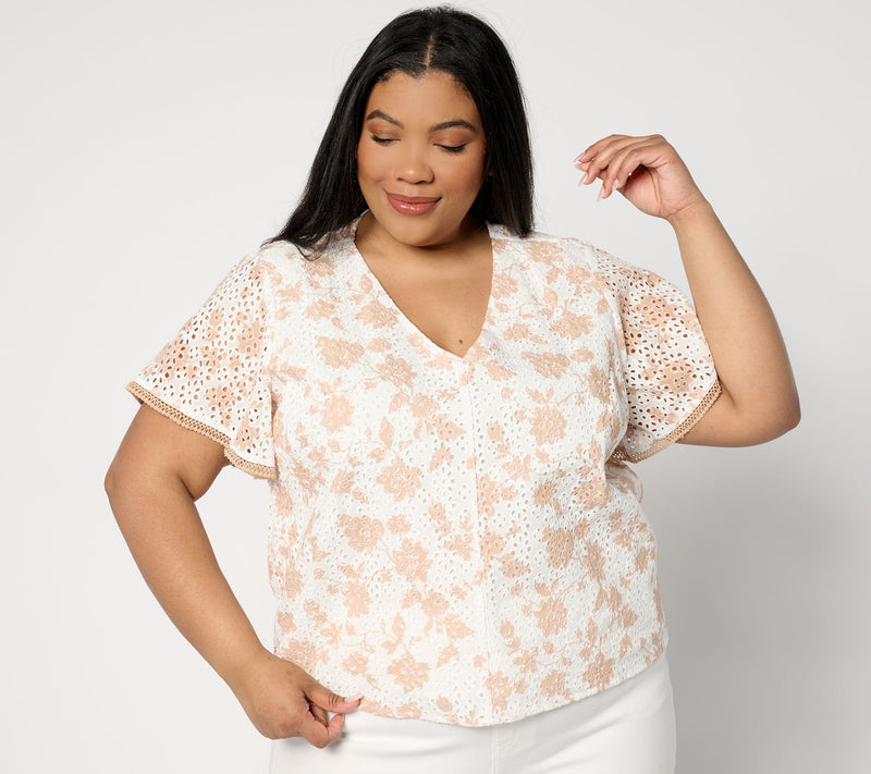 Isaac Mizrahi Live! Printed Eyelet Top with Ruffle Sleeves — View 5