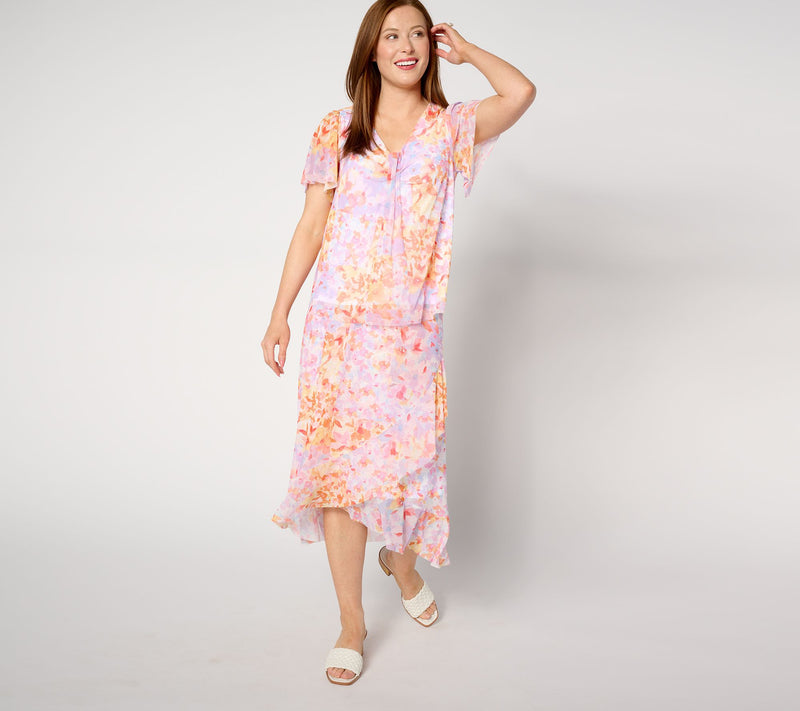 Isaac Mizrahi Live! Printed Mesh Twist Front Flutter Sleeve Top — View 3