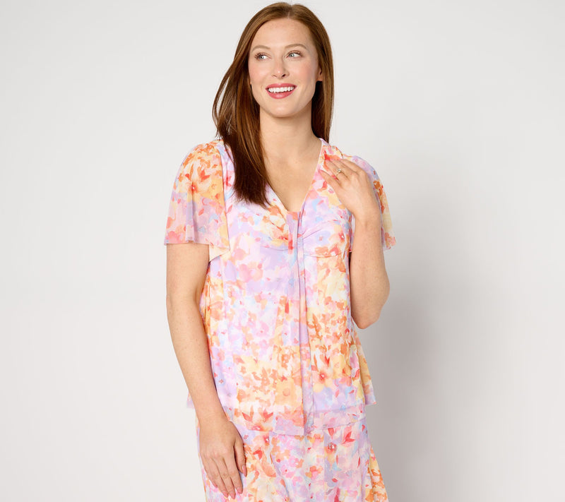 Isaac Mizrahi Live! Printed Mesh Twist Front Flutter Sleeve Top — Main view