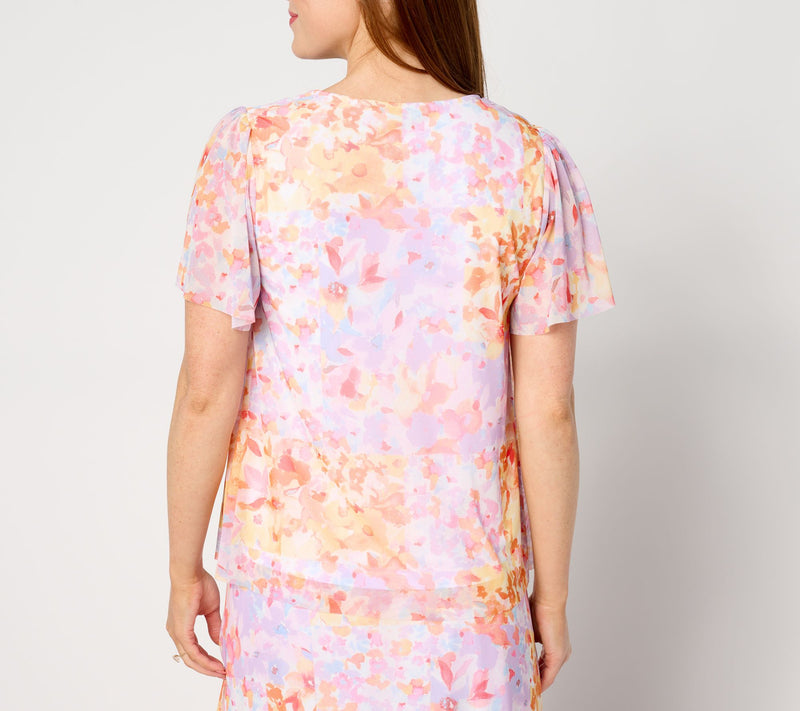 Isaac Mizrahi Live! Printed Mesh Twist Front Flutter Sleeve Top — View 2